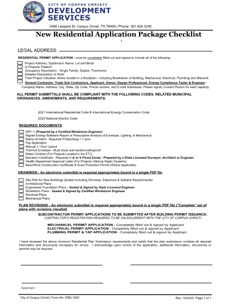 First page of the New Residential Application Package Checklist