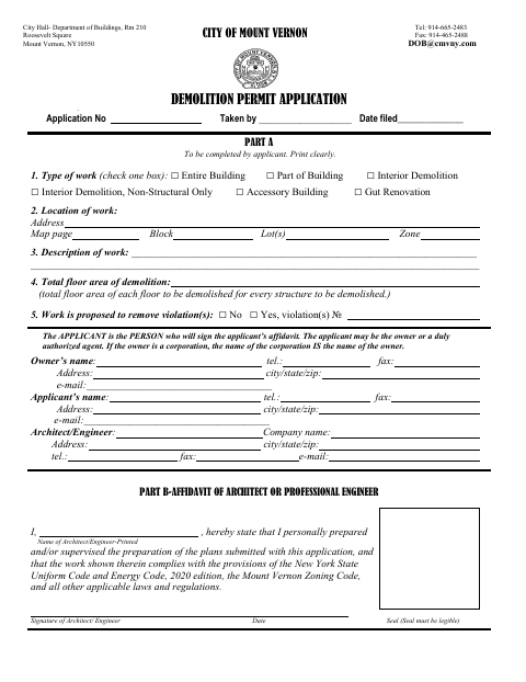 First page of the Demolition Permit Application