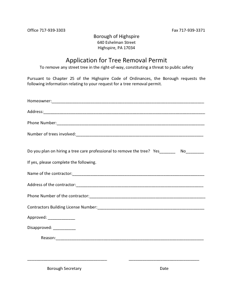 First page of the Application for Tree Removal Permit