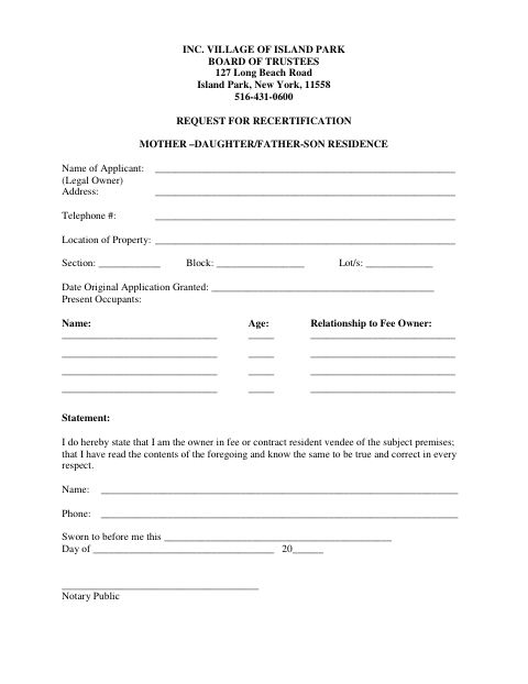 First page of the Mother-Daughter/Father-Son Residence Recertification Request