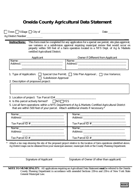 First page of the Oneida County Agricultural Data Statement