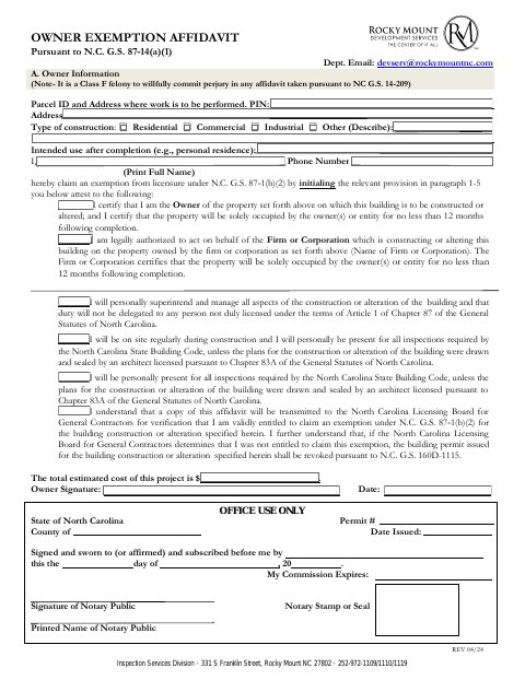 First page of the Owner Exemption Affidavit