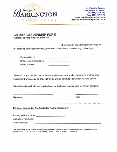First page of the Citizen Leadership Application