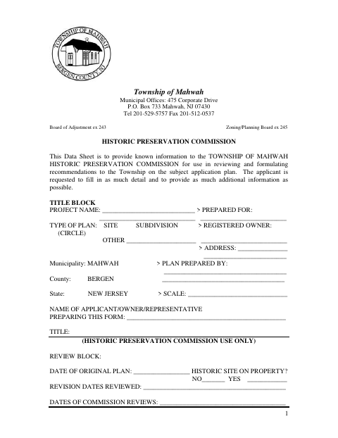 First page of the Historic Preservation Commission Data Sheet