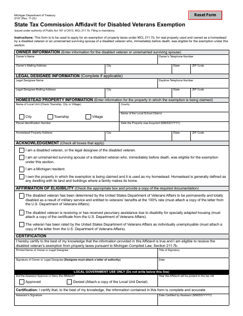 First page of the Affidavit for Disabled Veterans Exemption
