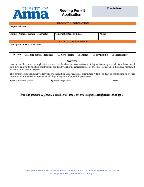 First page of the Roofing Permit Application
