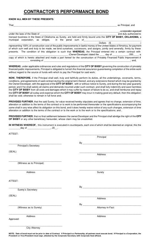 First page of the Contractor’s Performance Bond