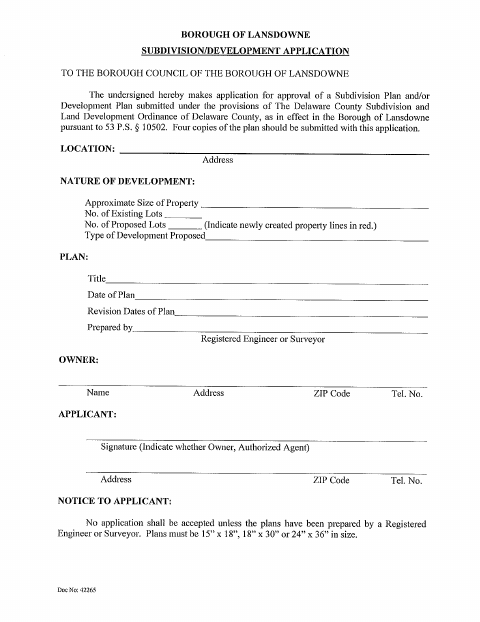 First page of the Subdivision and Land Development Application