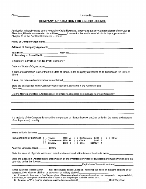 First page of the Company Application for Liquor License
