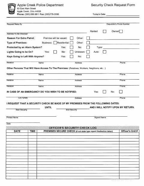 First page of the Vacation Security Check Request Form