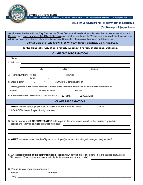 First page of the Claim Against the City of Gardena (For Damages, Injury or Loss)