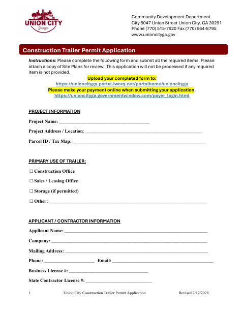 First page of the Construction Trailer Permit Application