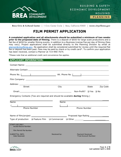 First page of the Film Permit Application