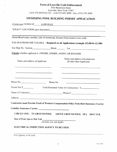 First page of the Swimming Pool Building Permit Application