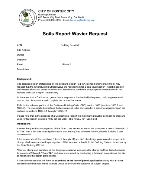 First page of the Soils Report Waiver Request