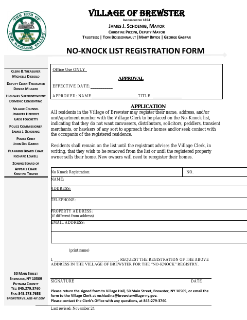 First page of the No-Knock List Registration Form