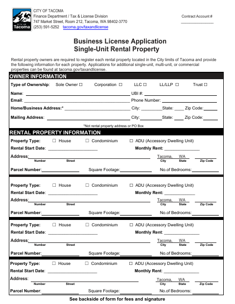 First page of the Business License Application Single-Unit Rental Property
