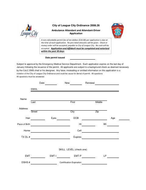 First page of the Ambulance Attendant Application and Affidavit