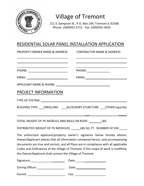 First page of the Residential Solar Panel Installation Application