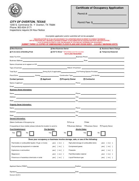 First page of the Certificate of Occupancy Application