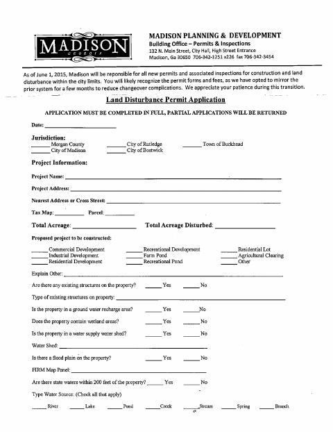 First page of the Land Disturbance Permit Application