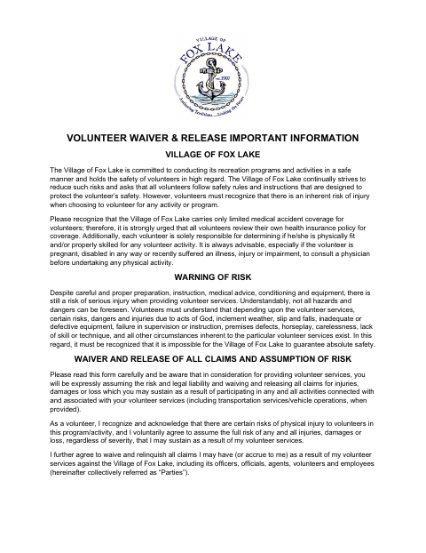 First page of the Volunteer Waiver & Release