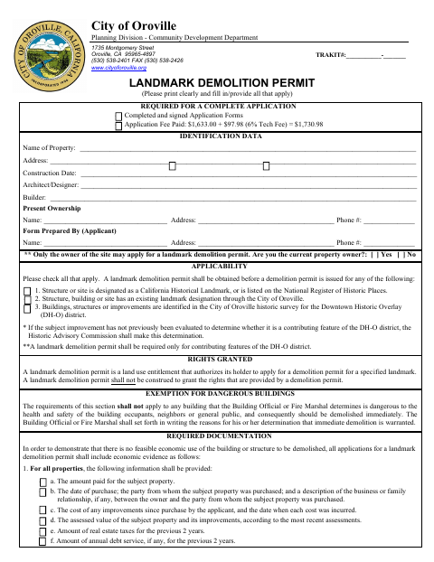 First page of the Landmark Demolition Permit