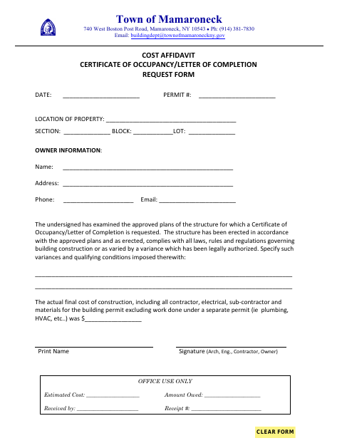 First page of the Cost Affidavit Certificate of Occupancy/Letter of Completion Request Form