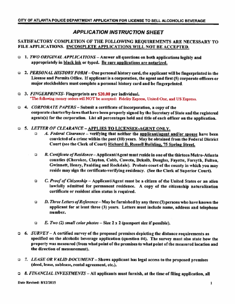First page of the Alcoholic Beverage License Application