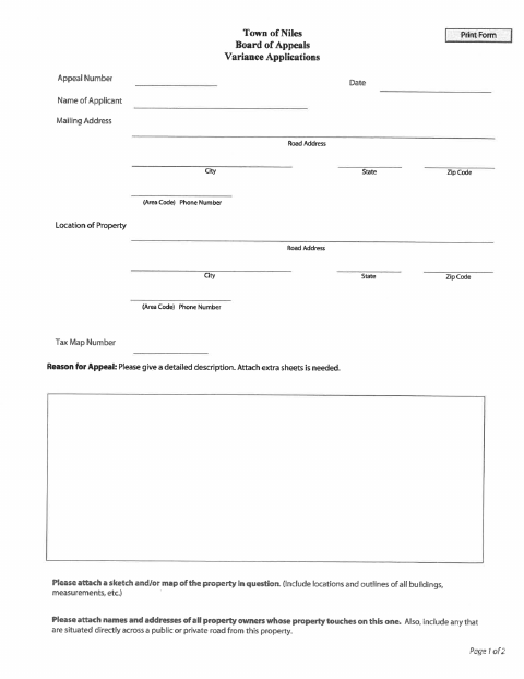 First page of the Board of Appeals Variance Application