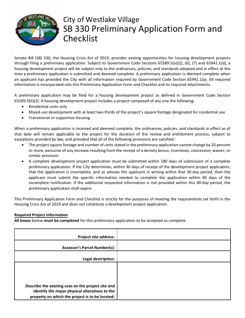 First page of the SB 330 Preliminary Application Form and Checklist