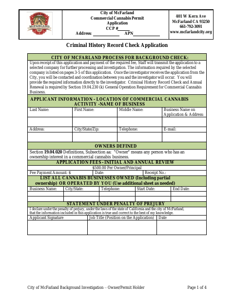 First page of the Criminal History Record Check Application