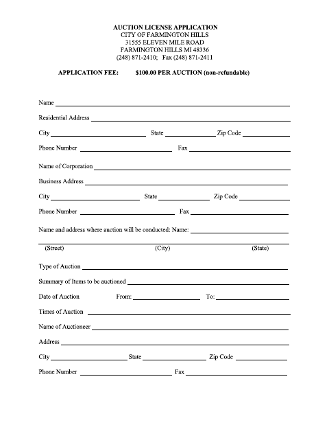 First page of the Auction License Application