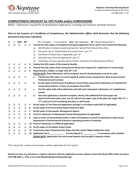 First page of the Subdivision/Site Plan Application and Checklist