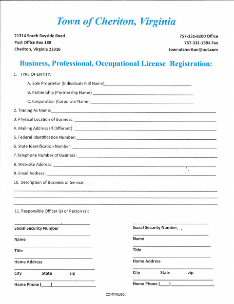 First page of the Business License Registration