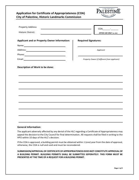 First page of the Application for Certificate of Appropriateness