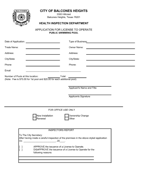 First page of the Application for License to Operate Public Swimming Pool