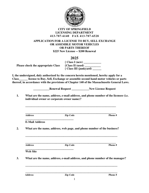 First page of the Application for a License to Buy, Sell, Exchange or Assemble Motor Vehicles
