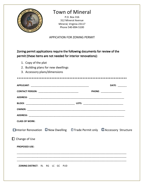 First page of the Application for Zoning Permit