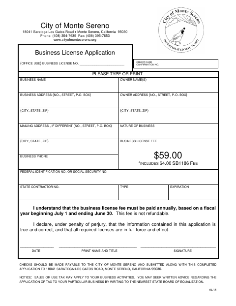 First page of the Business License Application