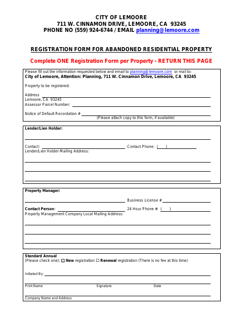 First page of the Abandoned Residential Property Registration Form