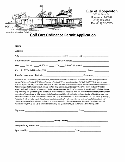 First page of the Golf Cart Application and Self-Inspection Sheet
