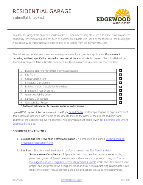 First page of the Residential Garage Submittal Checklist