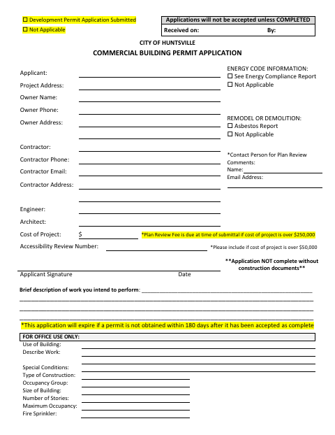 First page of the Commercial Building Permit Application