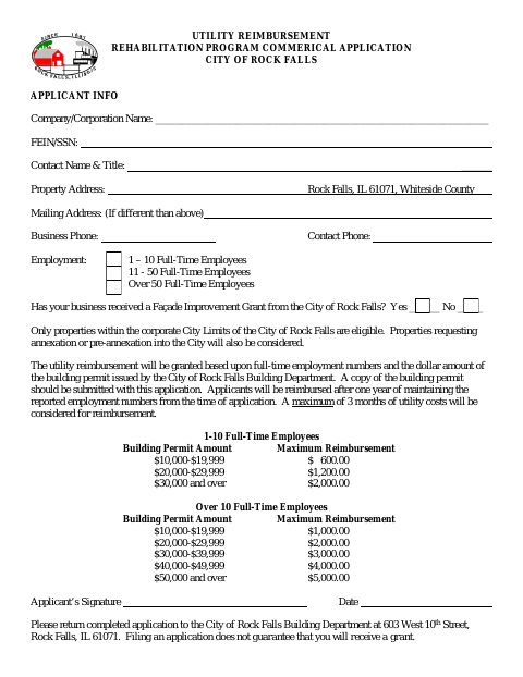 First page of the Utility Reimbursement Rehabilitation Program Commercial Application