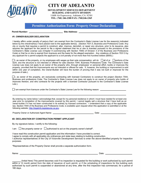 First page of the Permittee Authorization Form – Property Owner Declaration
