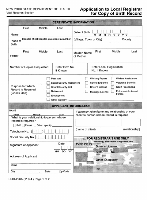 First page of the Application to Local Registrar for Copy of Birth Record