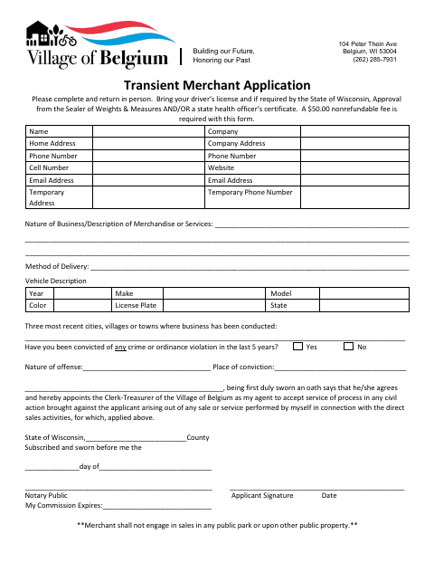 First page of the Transient Merchant Application
