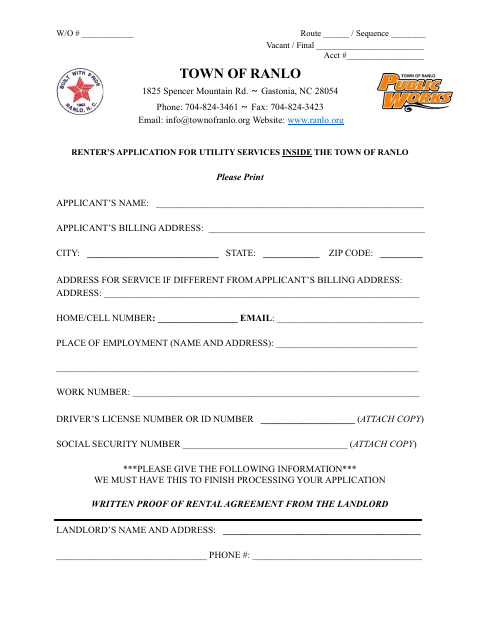 First page of the Renter’s Application for Utility Services