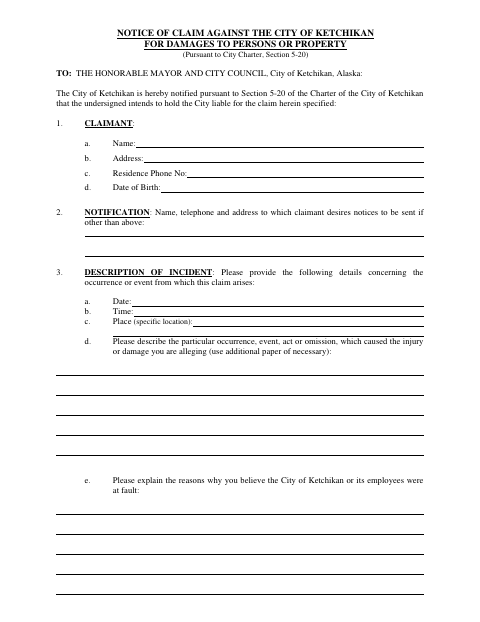 First page of the Notice of Claim Against the City for Damages